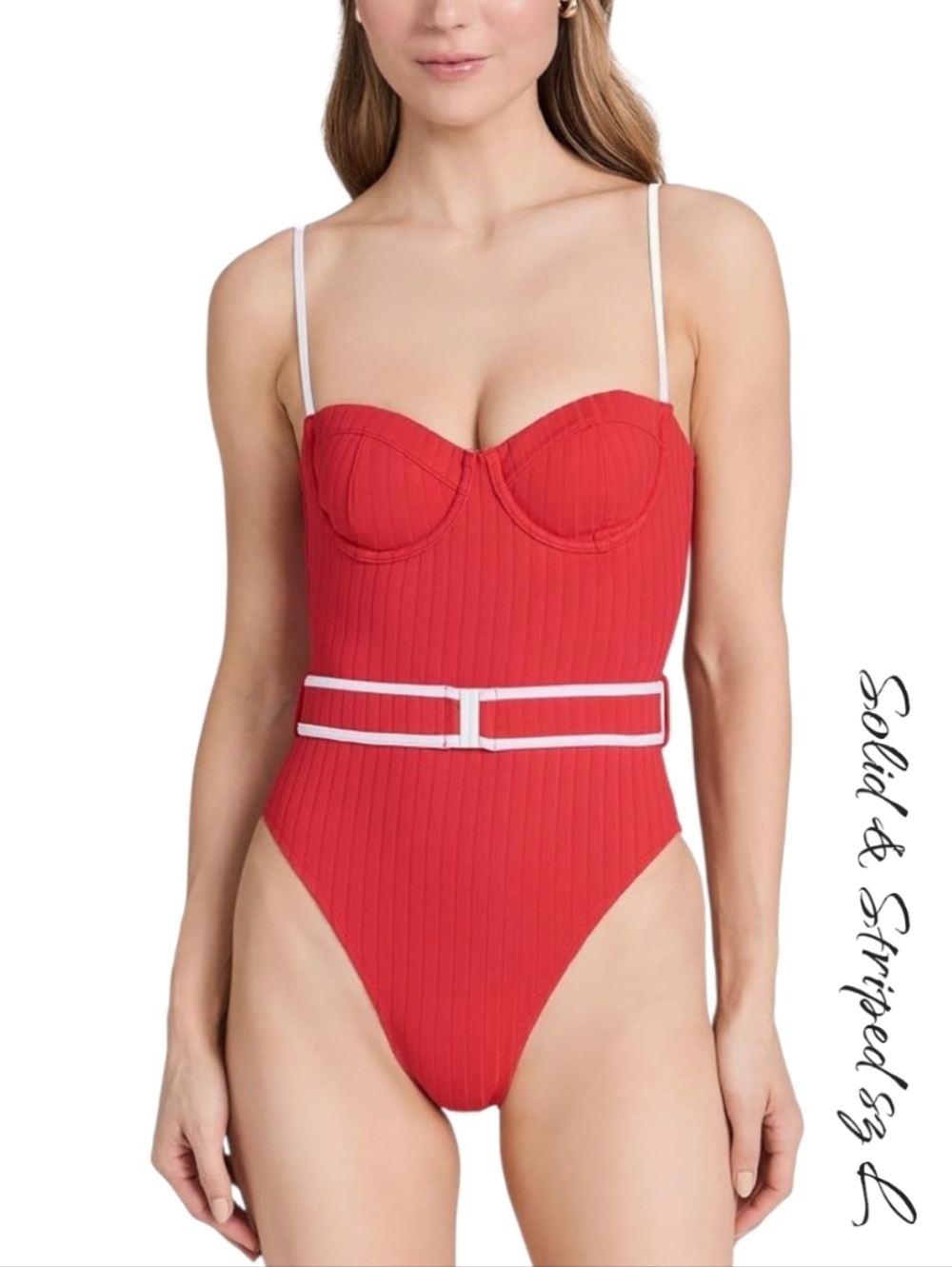 Solid & Striped The Spencer Red Ribbed Belted One Piece Swimsuit L